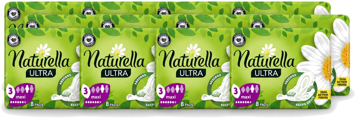 12 x Natur'ella - Ultra - Maandverband - Maxi - 8 Pads - Voordeelverpakking - 12 stuks