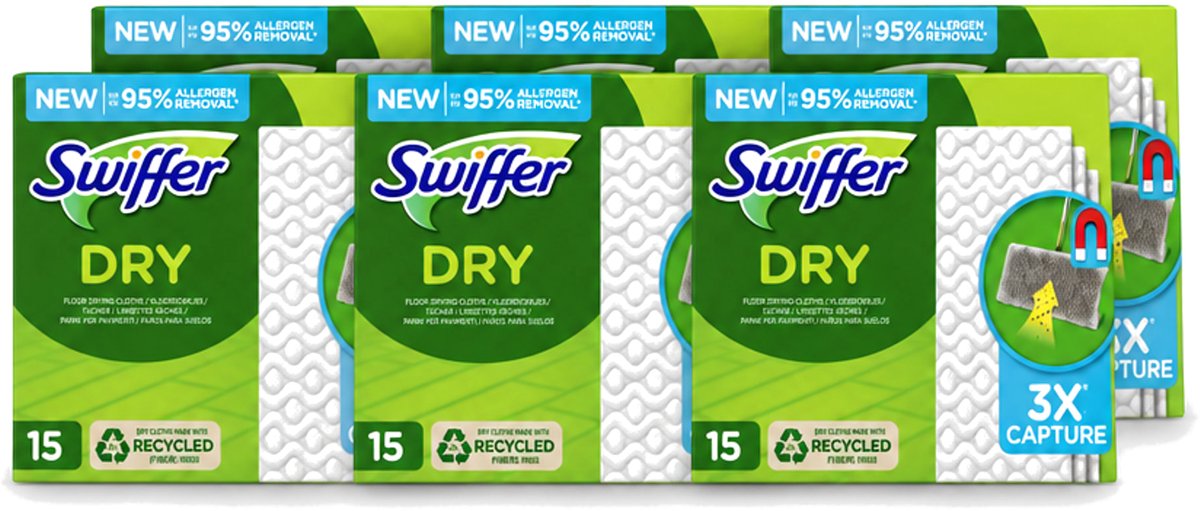 6 x Swiffer Dry - Vloerdoekjes - Navulling - Gerecyclede Fibers - 15 Doekjes - Voordeelverpakking - 6 stuks