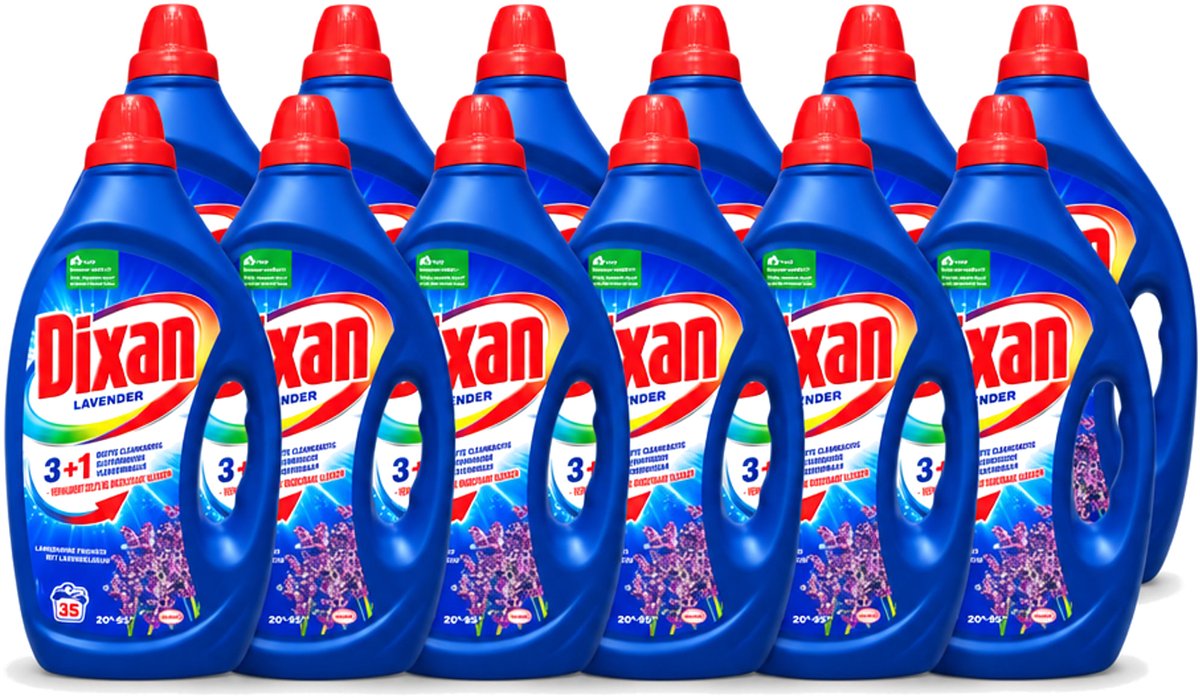 12 x Dixan - Vloeibaar Wasmiddel en Vlekverwijderaar - Witte en Gekleurde Was - Lavendel - 35 Wasbeurten - Voordeelverpakking - 12 stuks