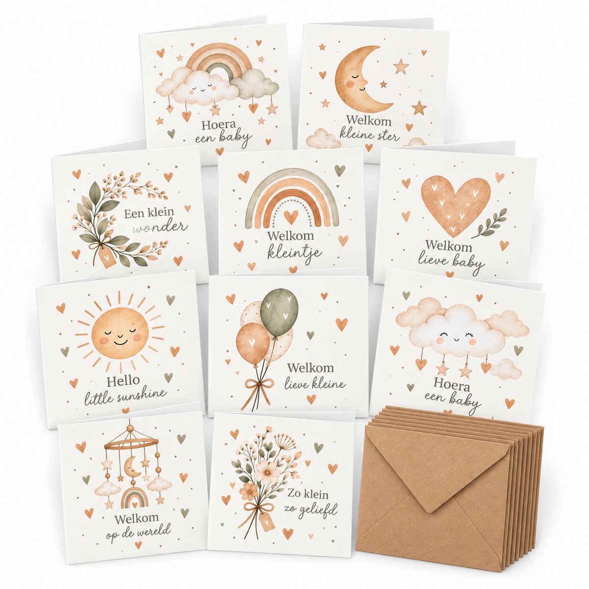 Cards & Crafts Geboortekaartjes met Envelop - 10 Luxe Vierkante Kaarten - Neutrale Dessins - 300 g/m² - 13,5 x 13,5 cm