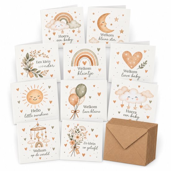 Dix cartes avec diverses illustrations neutres de naissance : bébé, lune, soleil, arc-en-ciel, cœur, fleurs, mobile. Avec enveloppes assorties.