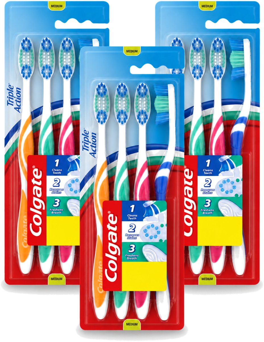 3 x Colgate - Tandenborstels - Triple Action - Medium - 4 borstels - Voordeelverpakking - 3 stuks