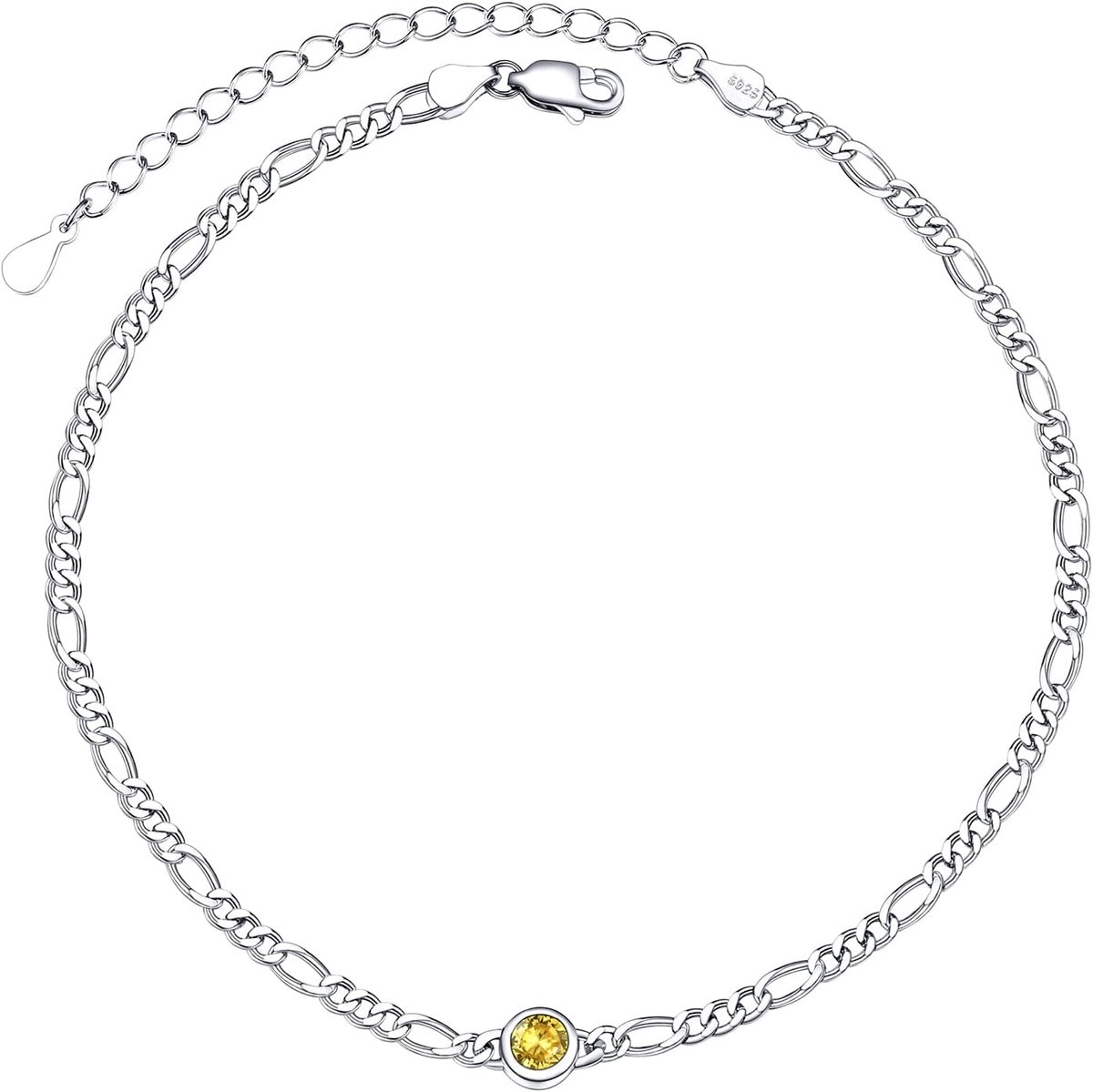 Anklet vrouw 22cm - Figaro zilver - versierd met imitatie gele topaas - elegant statement - ShopVlot