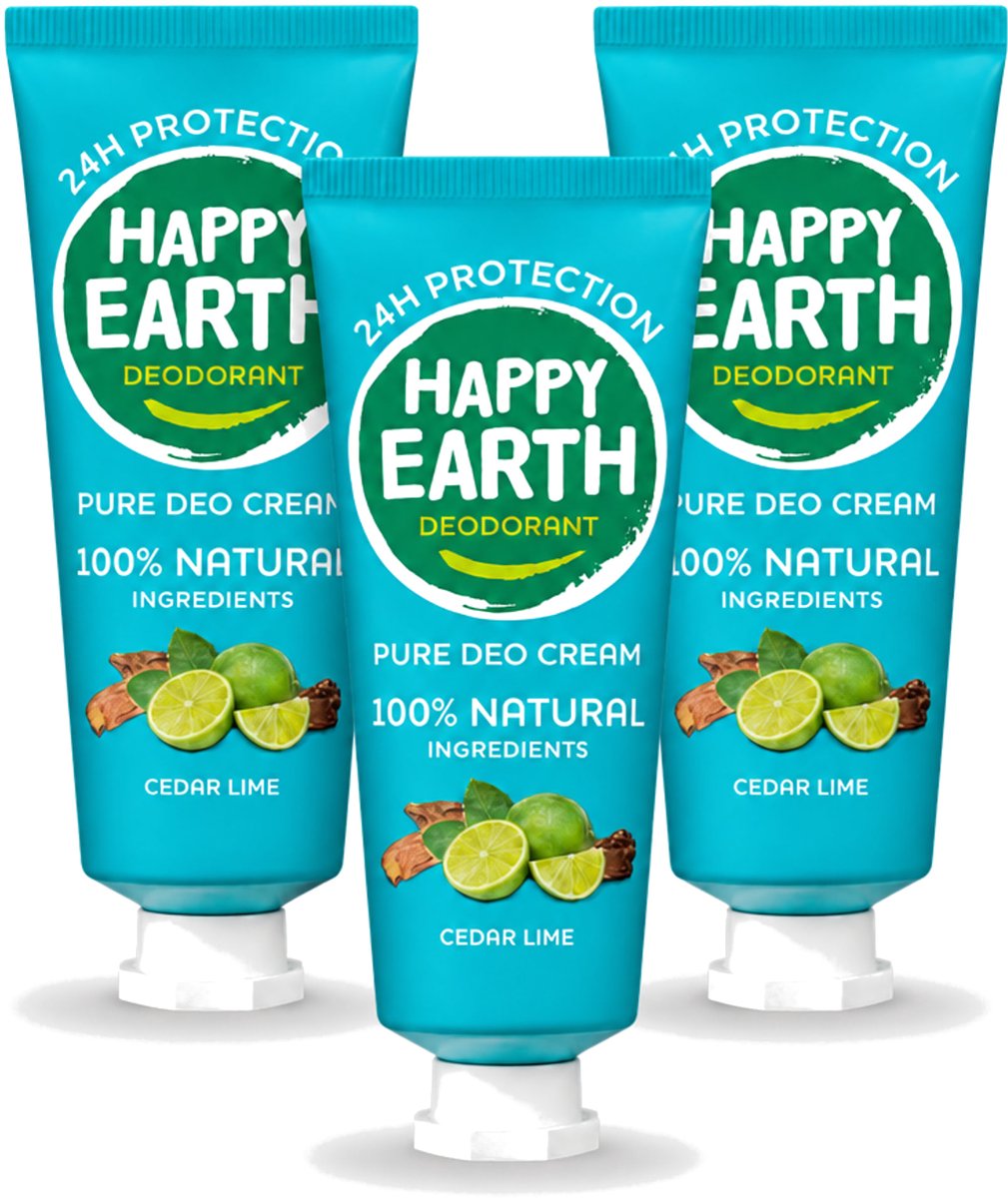 3 x Happy Earth – Deodorant Cream – 100% Natuurlijk Cedar Lime – 40 ml - Voordeelverpakking - 3 stuks