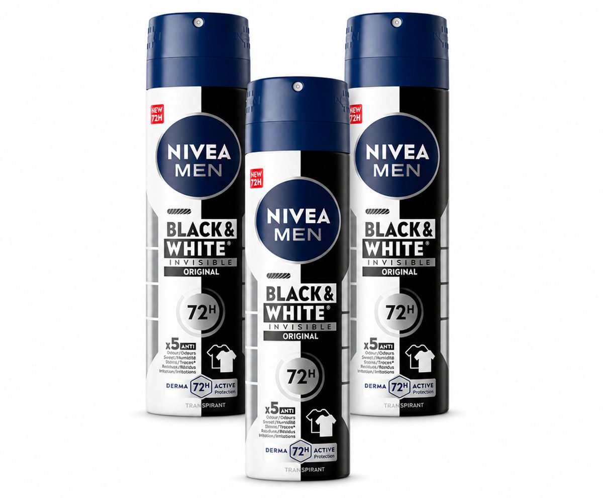 3 x NIVEA MEN – Deodorant spray – Invisible for Black & White – 150 ml - Voordeelverpakking - 3 stuks