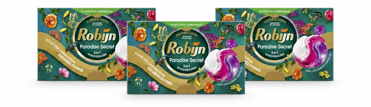 3 x Robijn – 3-in-1 Wascapsules – Paradise Secret - 15 Capsules - Voordeelverpakking - 3 stuks
