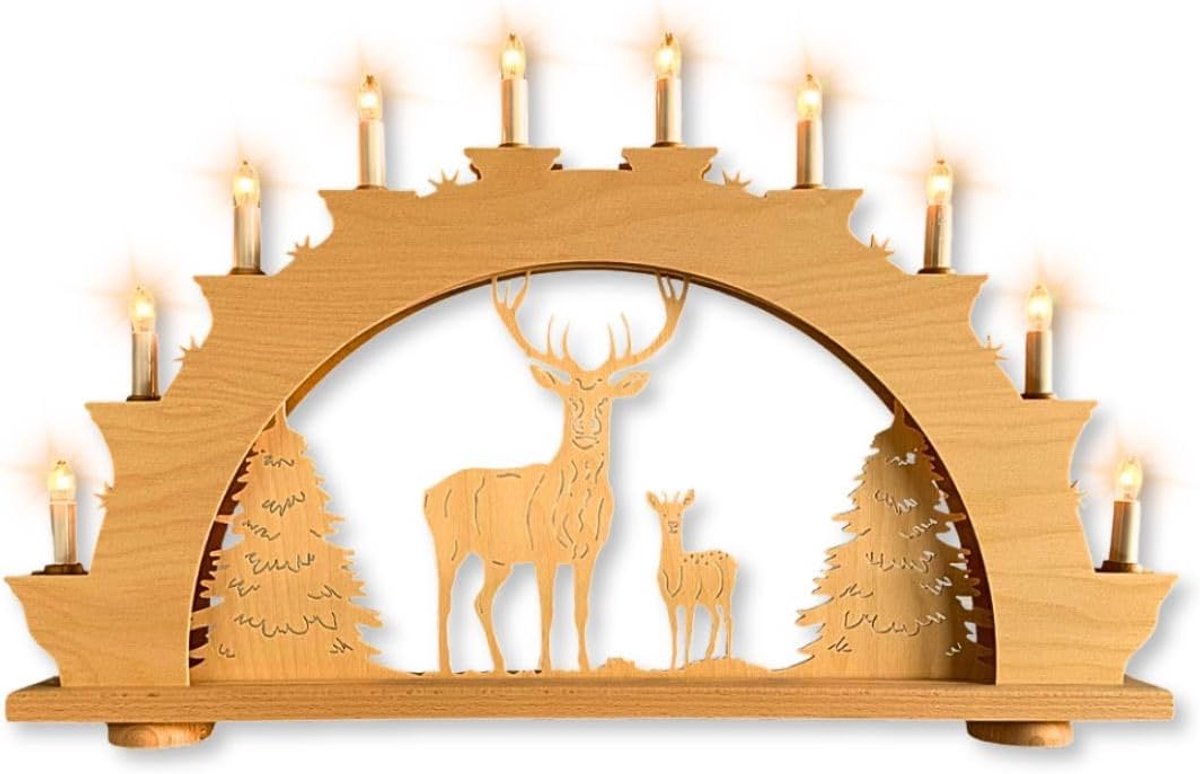 Kerstboog met LED Kaarsen - Houten Trots Hert - Handgemaakt in Duitsland - Stijlvolle vensterbankdecoratie - ShopVlot