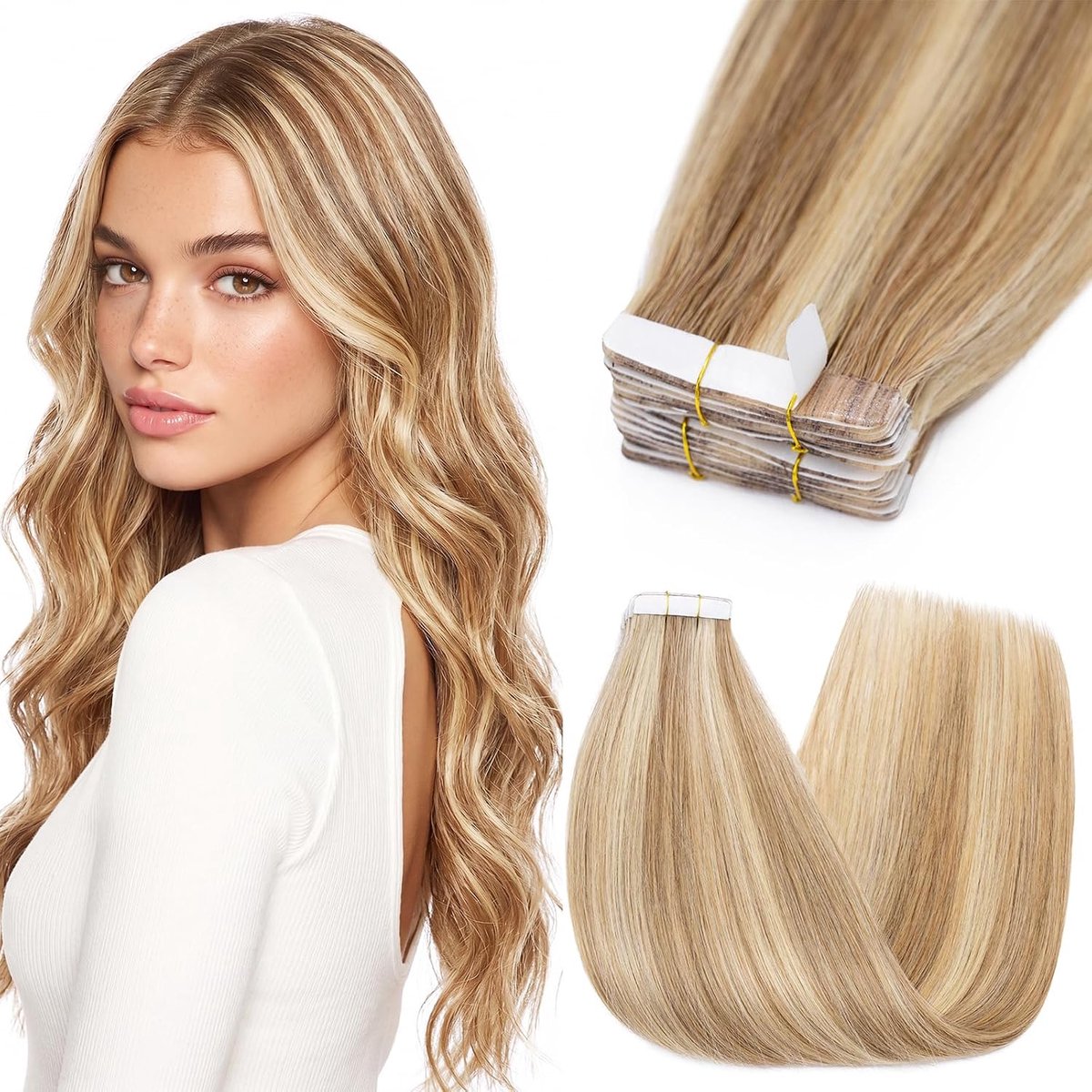 Tape-in hairextensions 60 cm - Remy haar - Golden brown/light blonde mix - Eenvoudig te bevestigen - ShopVlot