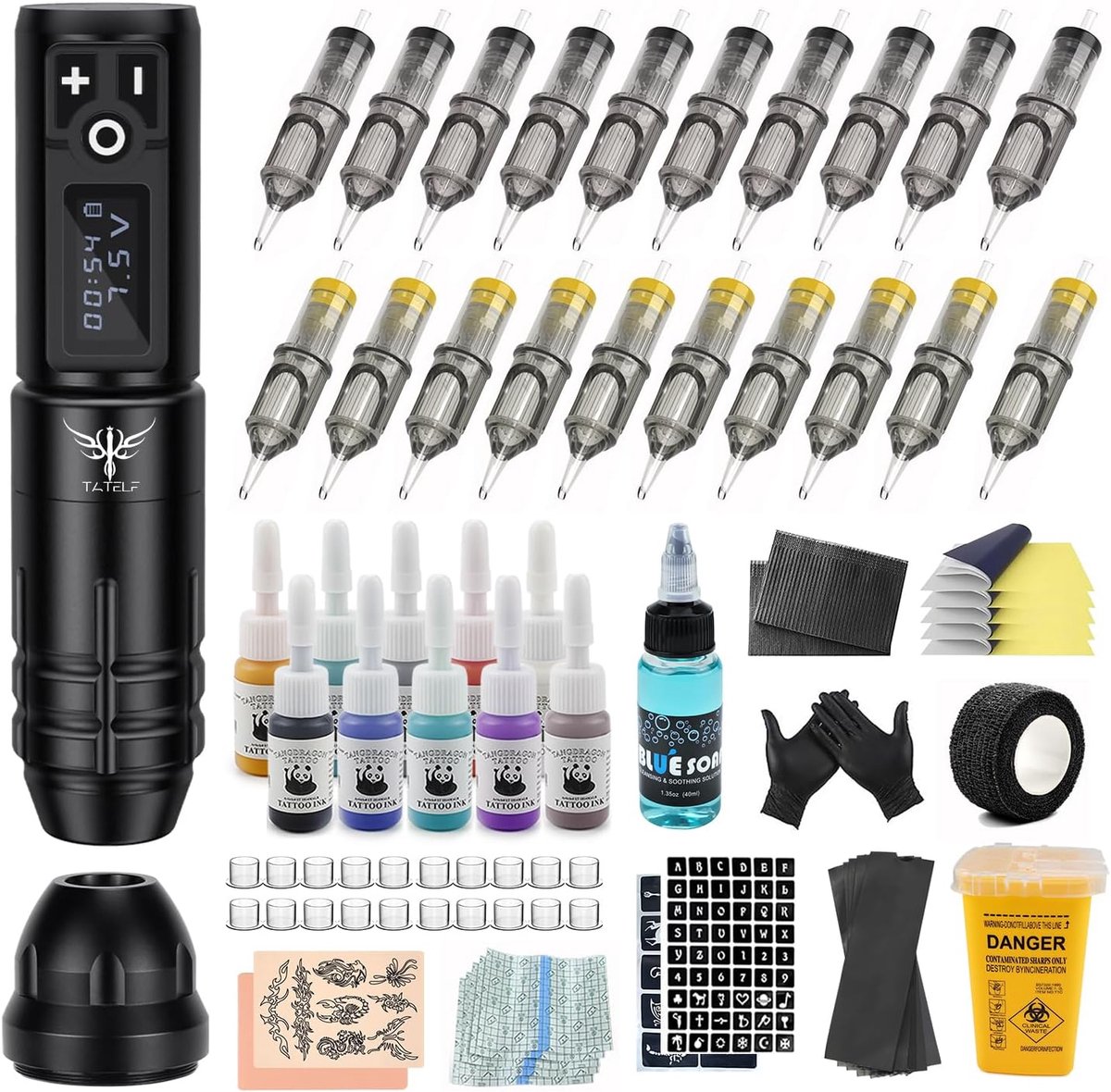 TATELF Tattoo Kit with Wireless Tattoo Machine, 1800mAh Battery Power, 20 Pieces Tattoo Needles and 10 Colors Ink for - ShopVlot