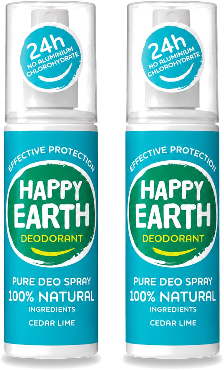 2 x Happy Earth – Deodorant Spray – 100% Natuurlijk Cedar Lime – 100 ml - Voordeelverpakking - 2 stuks