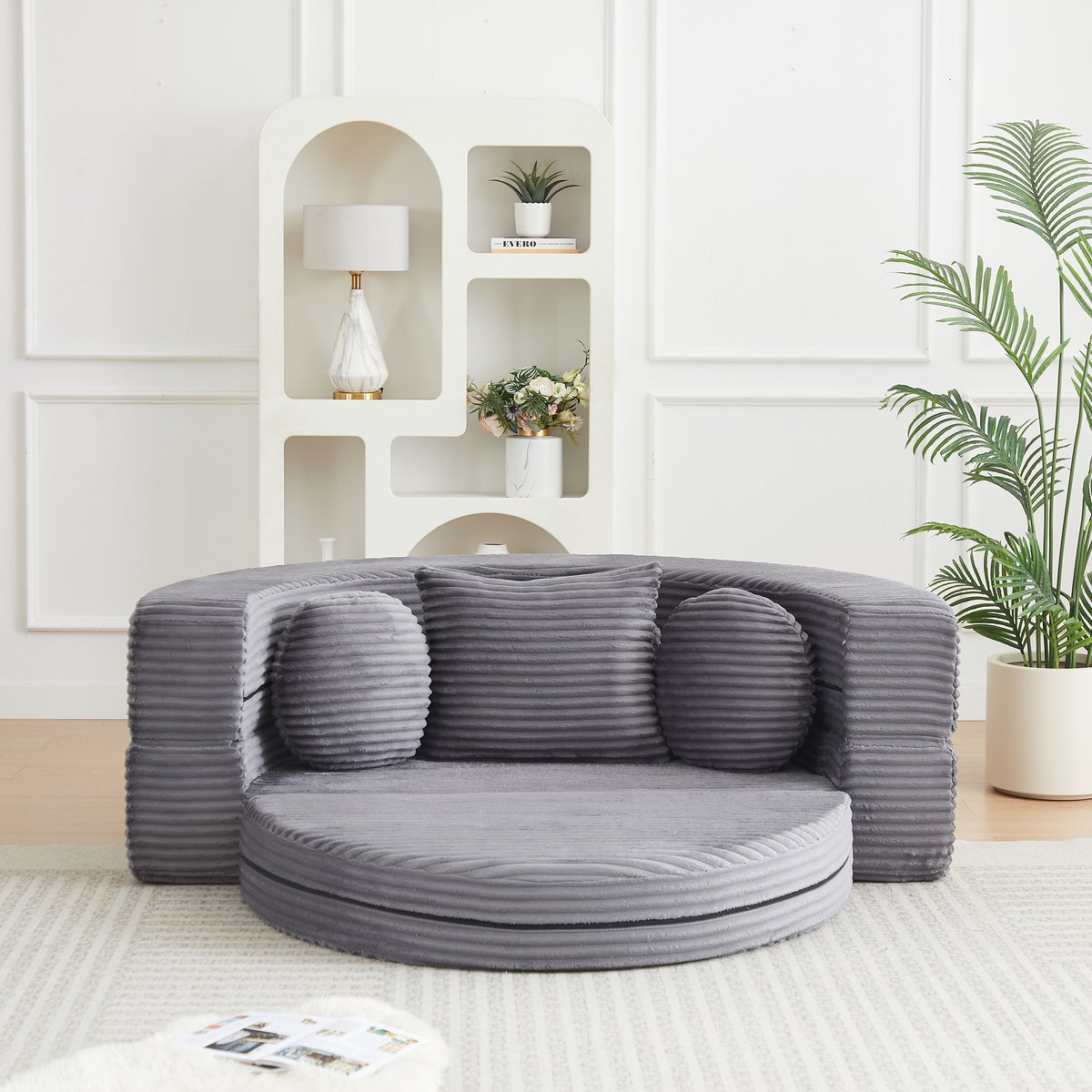 OKWISH Slaapbank 1-Zits - Vier Functies Als Halfronde Bank En Rond Ligbed - Voor Compact Wonen En Loungen - Ribfluweel - Grijs