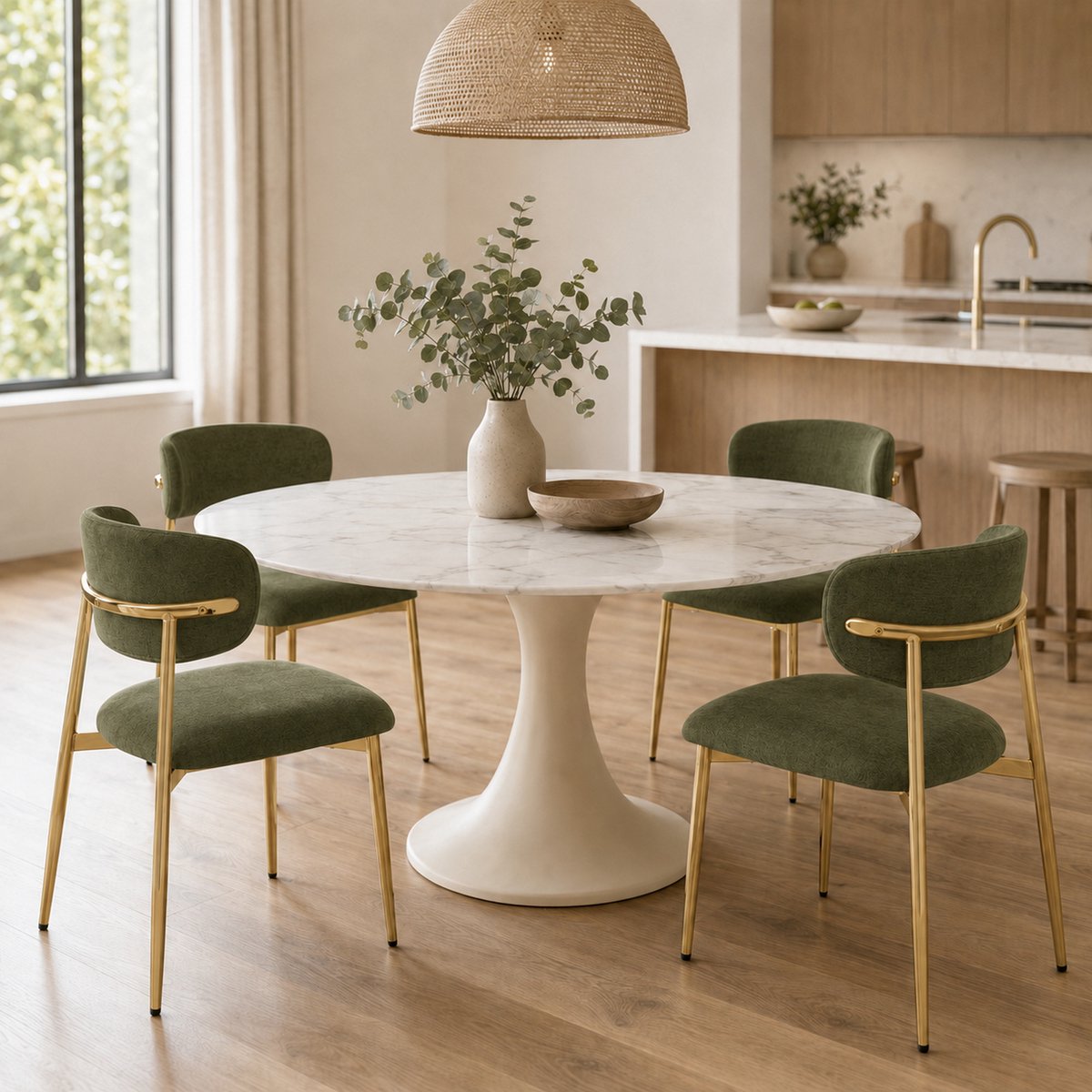 OKWISH Eetkamerstoel - Set Van 4 - Armleuningen - Polyester - Groen En Goud