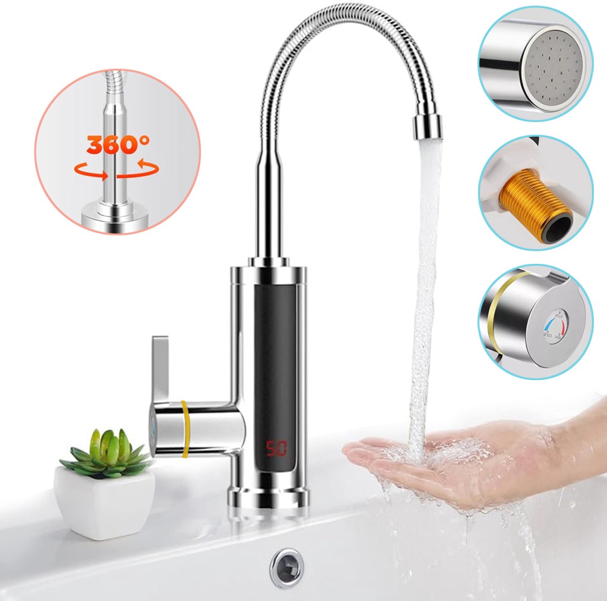 Directe Warmwaterkraan - 360° Draaibare Instant-Warmwaterkraan - Roestvrijstalen Elektrische Boiler - Waterkraan Met Digitaal Display