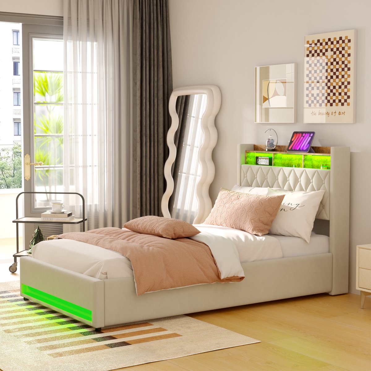 DESMIU Gestoffeerd Bed 140x200 Cm - Luxe Fluwelen Bed - Ergonomische Ondersteuning - Voor Slaapkamer En Hotelkamer - Beige - Zonder Matras Tweepersoonsbedden