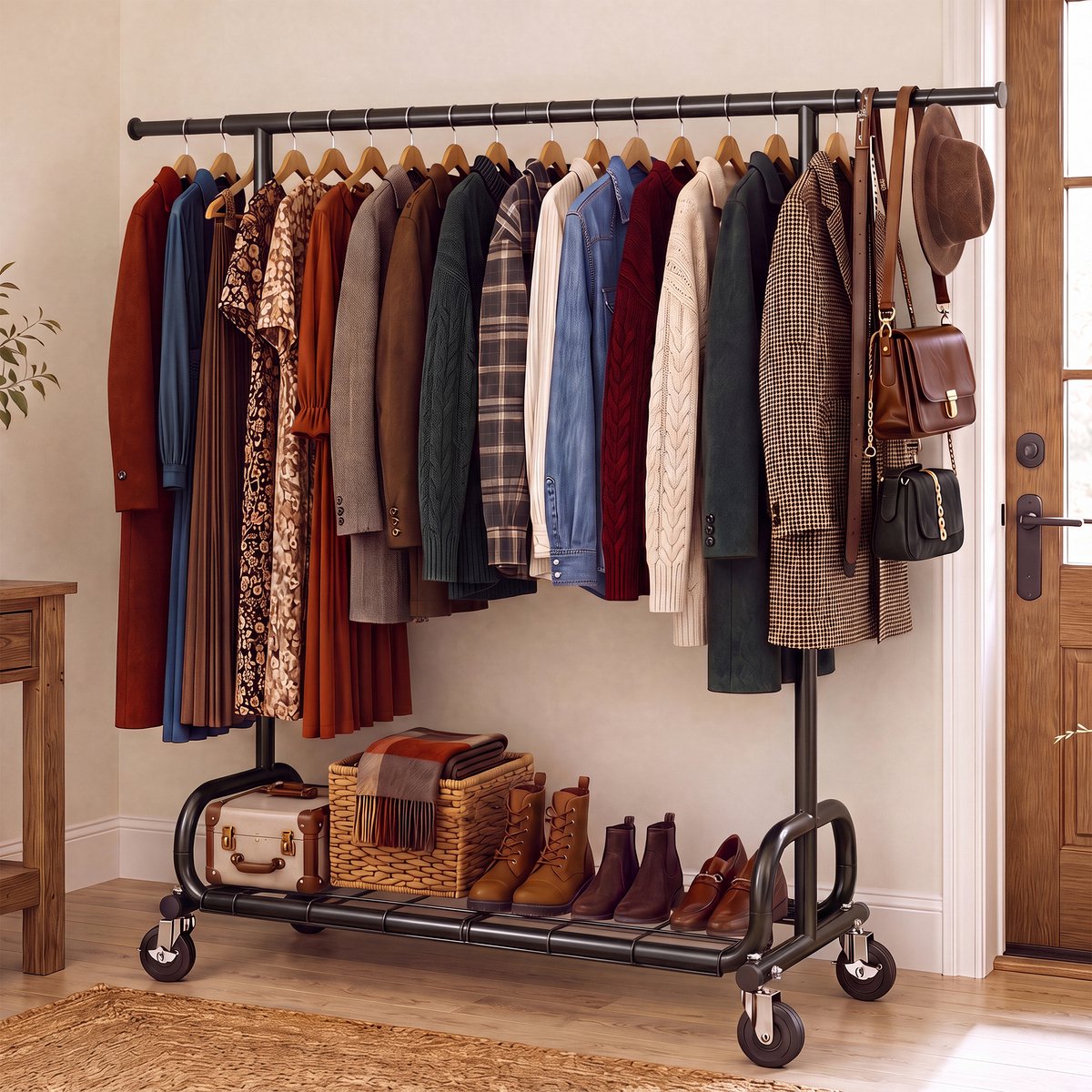 Hokeeper Zwaar uitschuifbaar kledingrek op wielen – 116-180 cm breed, 204 kg draagkracht, 3-in-1 ontwerp (kleding, schoenen, paraplu's) – zwart