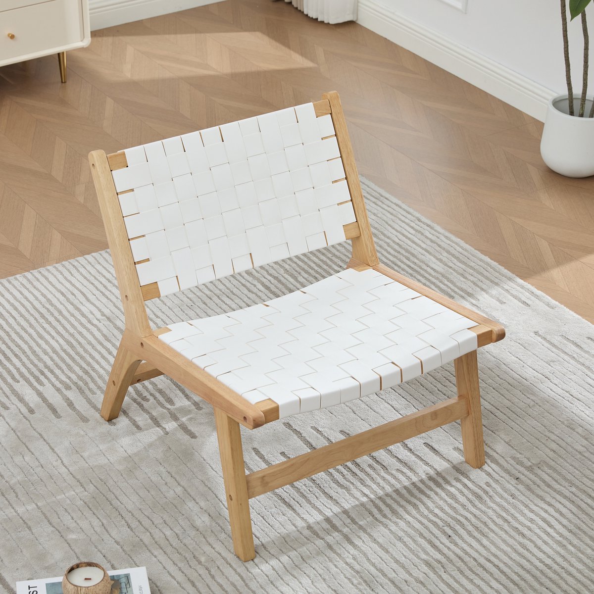 OKWISH Fauteuil 71 Bij 66 Bij 72 Cm - Geweven Ruitpatroon Zonder Armleuningen - Binnen en Buiten - Hout en Kunstleer - Wit