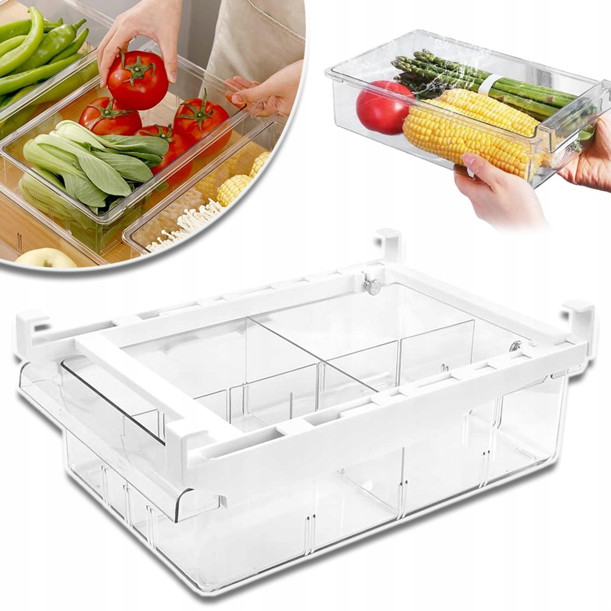 Uitschuifbare Koelkastlade met 2 Vakken - Opbergbox voor Koelkast met Verstelbare Bevestiging (30-44cm) - PET Kunststof BPA-vrij Geurloos - Voor Groenten, Fruit, Eieren, Vlees & Meer - Wit