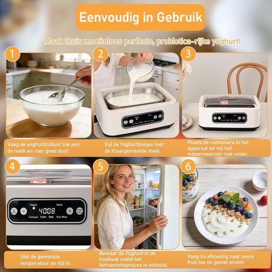 FOSMET Yoghurtmaker - Automatische Yoghurtmachine - Yoghurtautomaat 1.36 liter met 9 potten - Met Timer en Instelbare Temperatuur - OLED Display - Voor zelfgemaakte yoghurt, natto,rijstwijn of andere gefermenteerde producten - Wit — afbeelding 3