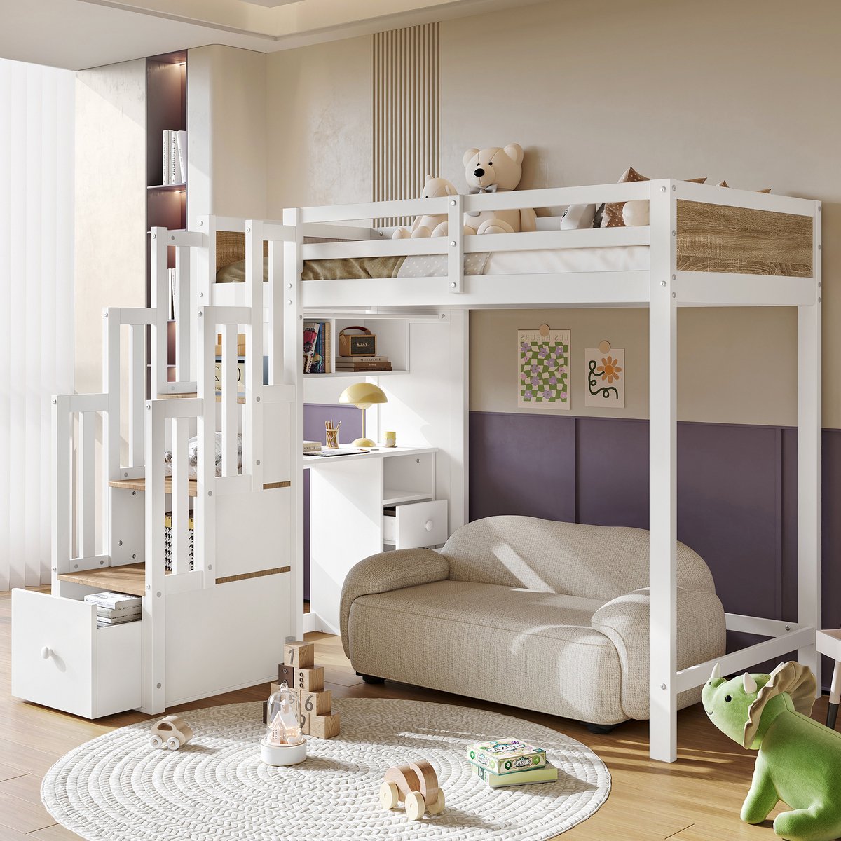 MIVRAY Hoogslaper 90x200 cm - Kinderbed Met Bureau En Opbergruimte - Slapen, Leren En Spelen - Hout - Wit Naturel - Zonder Matras