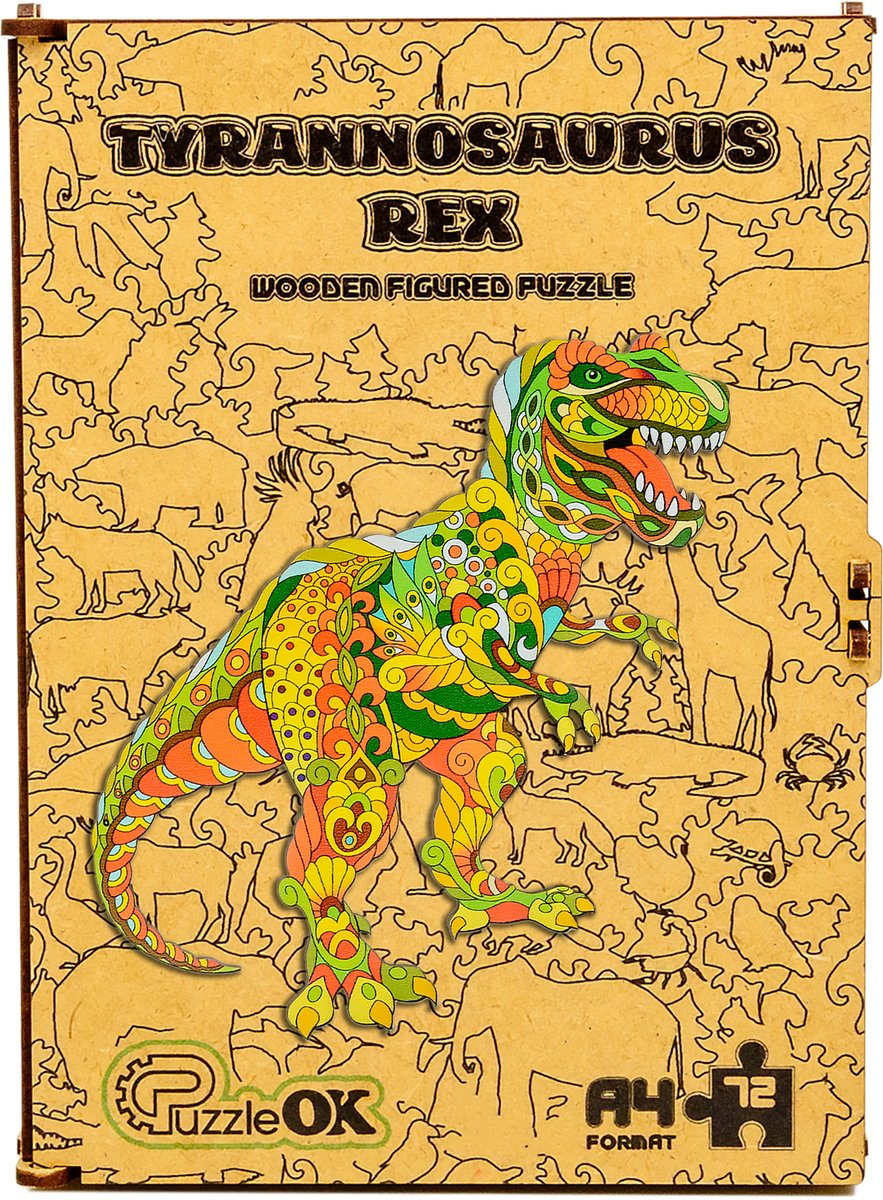 PuzzleOk Tyrannosaurus Rex – Houten Legpuzzel – A4 – 72 Stukjes – Houten Bewaardoos