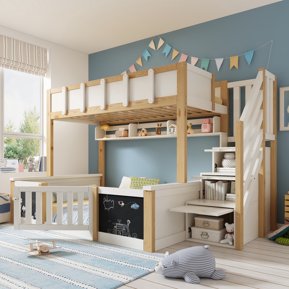 MIVRAY Kinderstapelbed 90x200 en 140x200 cm - Met Opbergtrap, Krijtbord en Veiligheidsdeur - Zonder Matras - Hout - Wit en Houtkleur