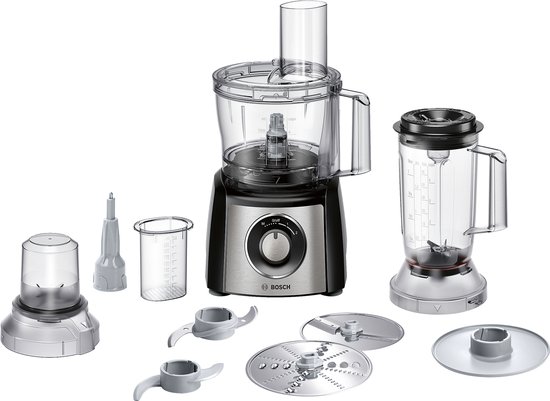 Bosch keukenmachine met diverse accessoires, waaronder blender, snijschijven en deeghaak.