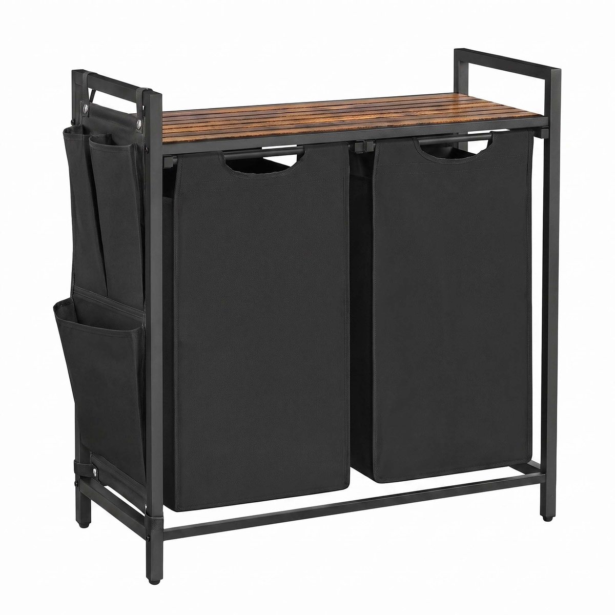 Wasmand Wasgoedmand 71,3 x 33 x 72 cm Zwart 2 vakken van 46 L Met uittrekbare en afneembare binnenzakken, zijvak en roosterplank Stevig metalen frame Gemakkelijk te monteren en reinigen Geschikt voor wasruimte, badkamer en slaapkamer