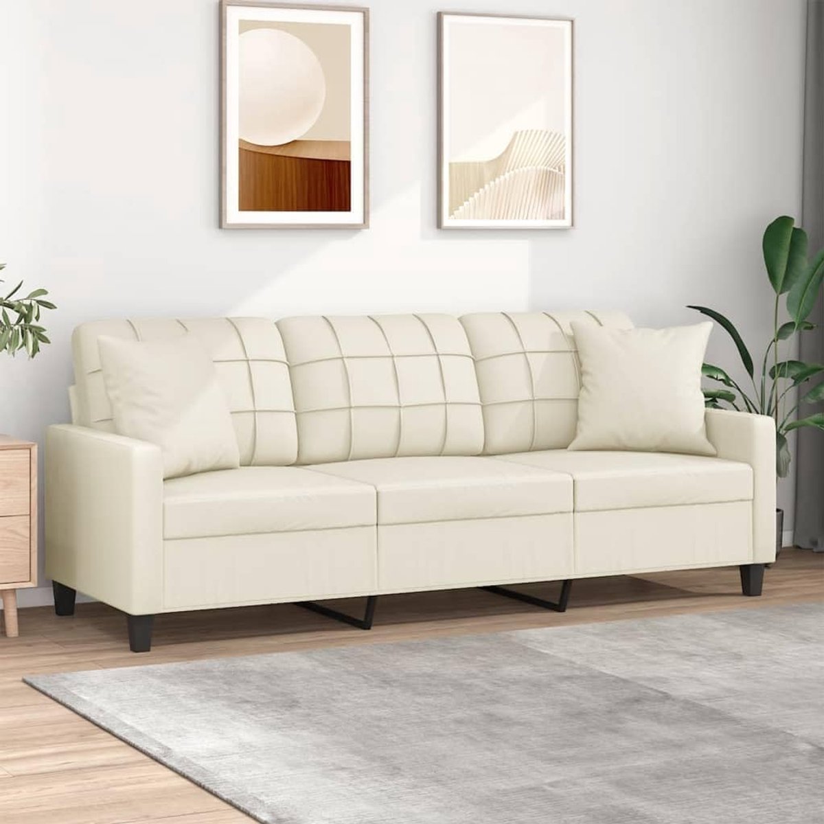 3-zitsbank, 180 cm, kunstleer, crème, met sierkussen en metalen frame, voor woonkamer, bank, 3-zits