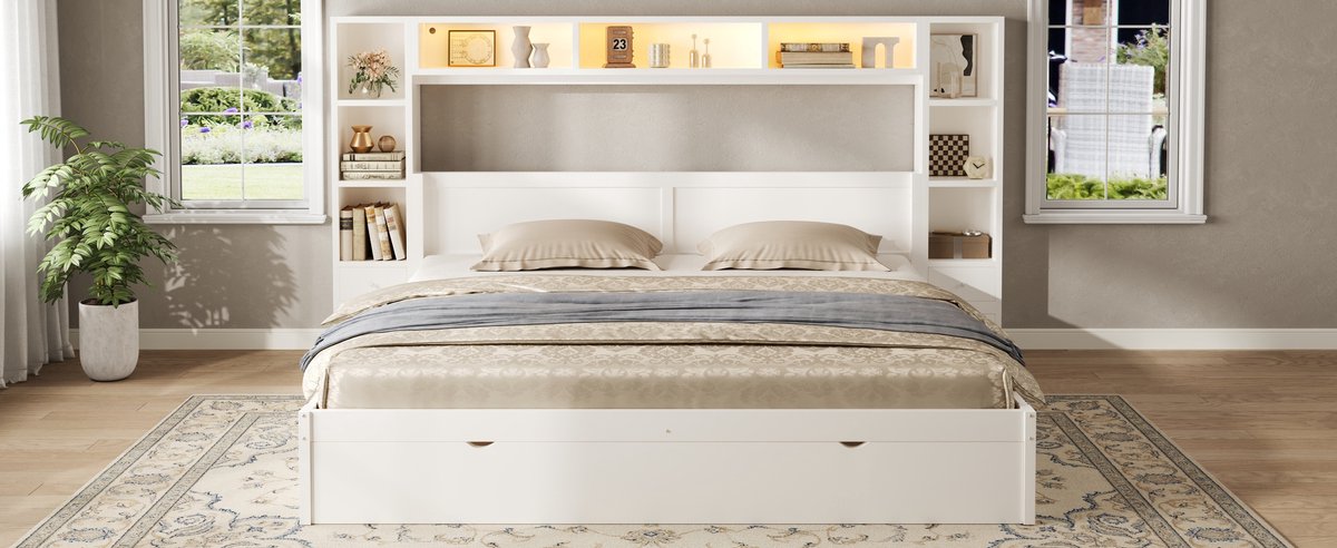 OKWISH Tweepersoonsbed 180x200 cm - Met Ledverlichting en 7 Lades - Hoofd- en Voeteneinde - Zonder Matras - MDF en Hout - Wit