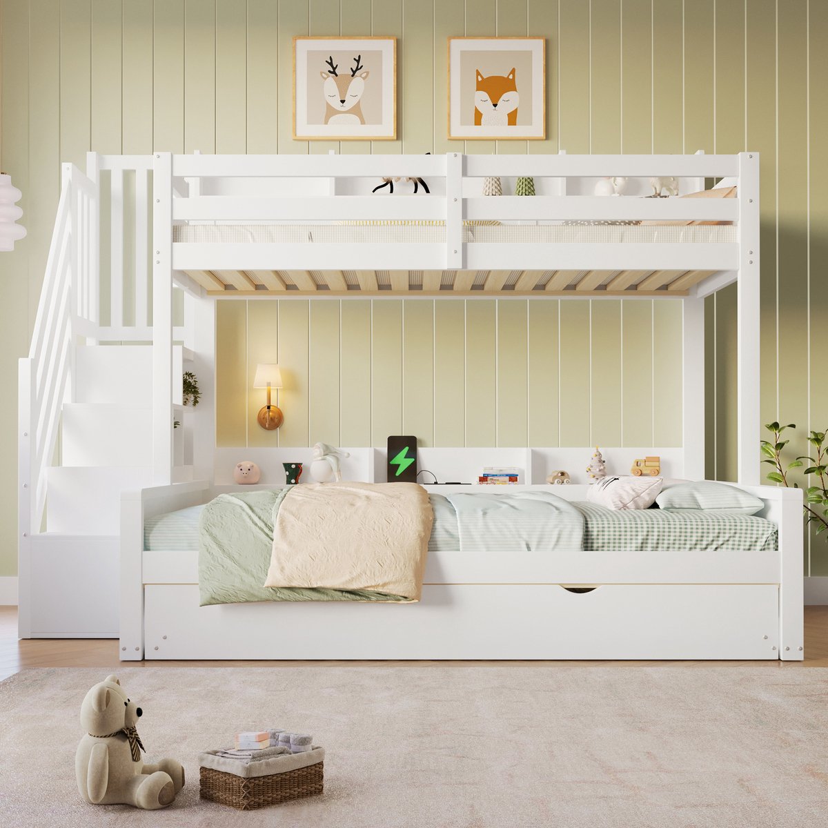 OKWISH Stapelbed 90x200 cm en 140x200 cm - Met Uitschuifbed en USB-Oplaadpunt - Opbergruimte - Hout en MDF - Wit - Zonder Matras