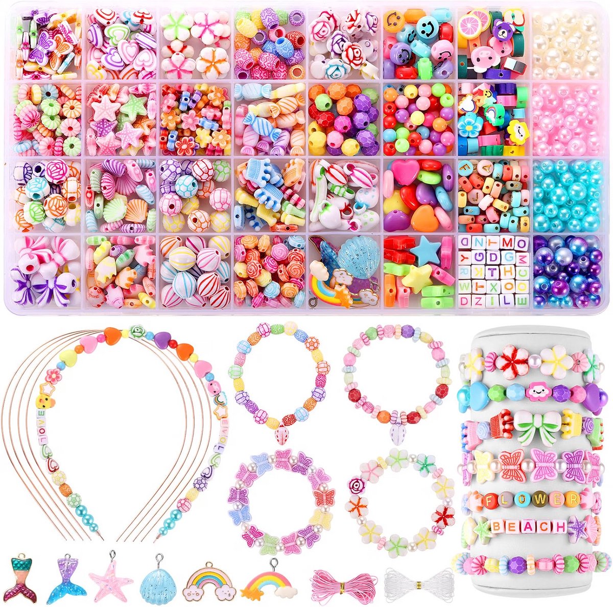 Kralenset voor kinderen - Armbandjes zelf maken - Kleurrijke sieraden knutselen - Vriendschapsbandjes ontwerpen - 32 vakken opbergdoos - Inclusief haarbanden koord - Meerkleurig - 790+ kralen