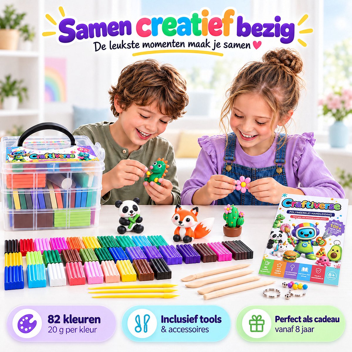 Craftiverse Polymeer Klei Set – 82 Kleuren 82x20g – Complete Knutselset voor Kinderen – Ovenhardende Boetseerklei met Accessoires & Handleiding - Fimo Alternatief — afbeelding 12
