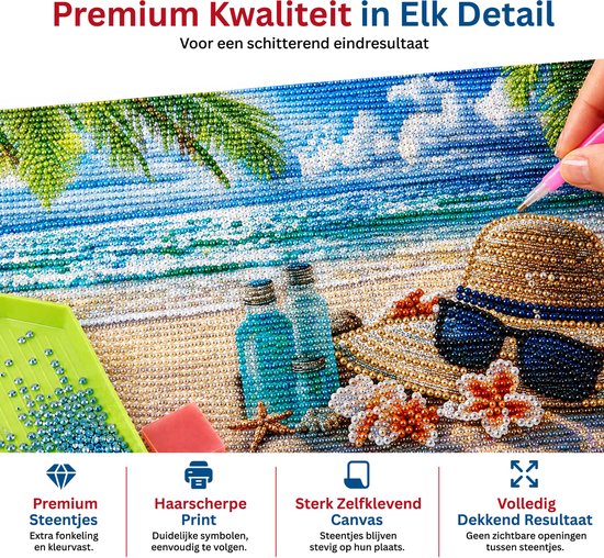 Gedetailleerde close-up van een diamond painting met strand, zee, flessen, hoed en bloemen, met premium steentjes en canvas.