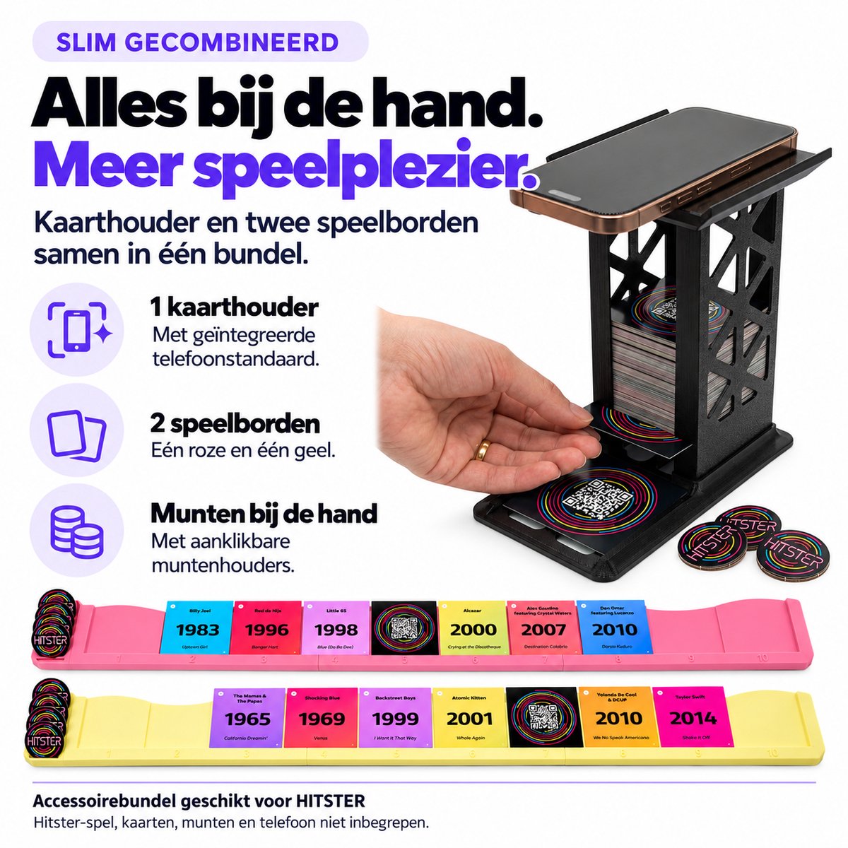 Accessoire Bundel Geschikt voor Hitster - Kaarthouder met Telefoonstandaard + 2 Speelborden met Muntenhouders - Voor Automatische QR-Scan - Flying Mic - Battle Of The Generations - Original - Guilty Pleasures - En Meer — cadeau in Cadeau-ideeën - foto 2