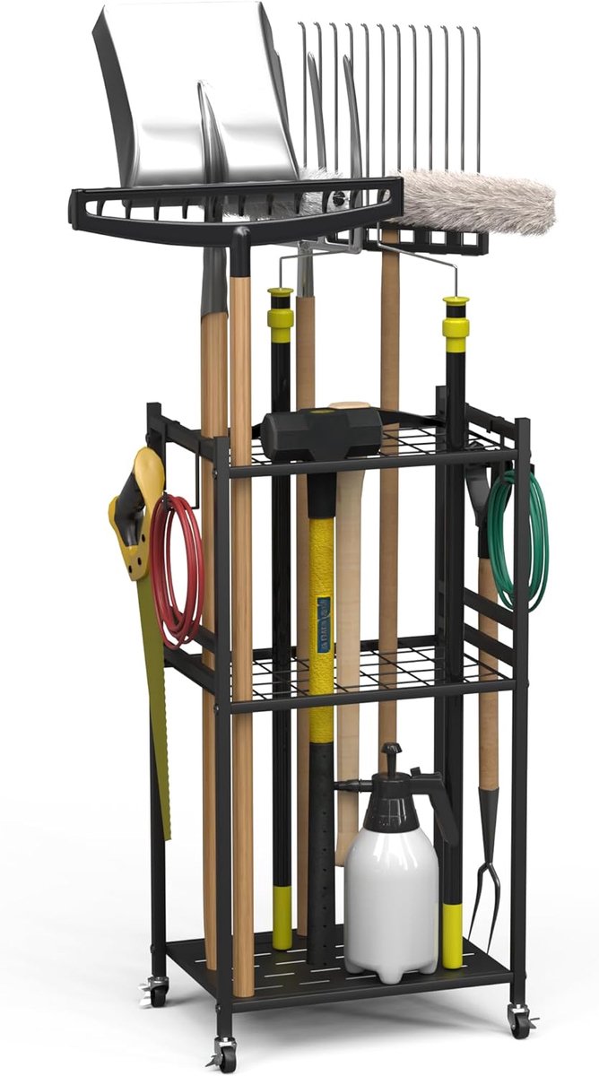 SnelShoppen - Garden Tool Organizer met 3-Traps Opslagrek voor Garage, Toolhouder, Carbon Staal, Multifunctionele Opslag met Wielen, Metalen Toolstand