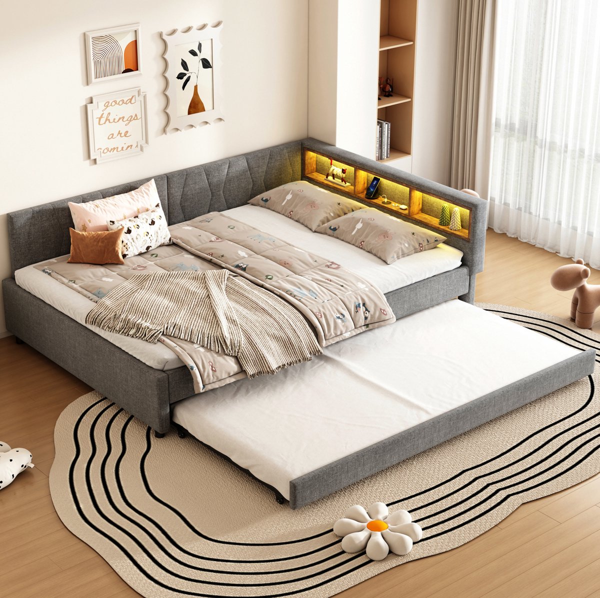 WUVRIE Slaapbank 140x200 cm met uitschuifbed, LED-verlichting en opbergvakken, grijs