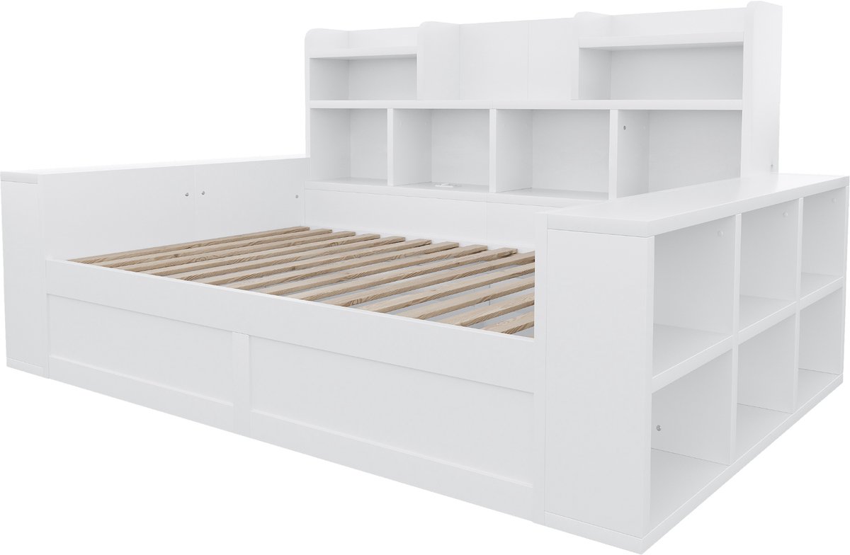 OKWISH Slaapbank 90x200cm – Hydraulische Opbergruimte Met Stopcontact En Ledverlichting – Lattenbodem – MDF En Hout – Wit – Zonder Matras