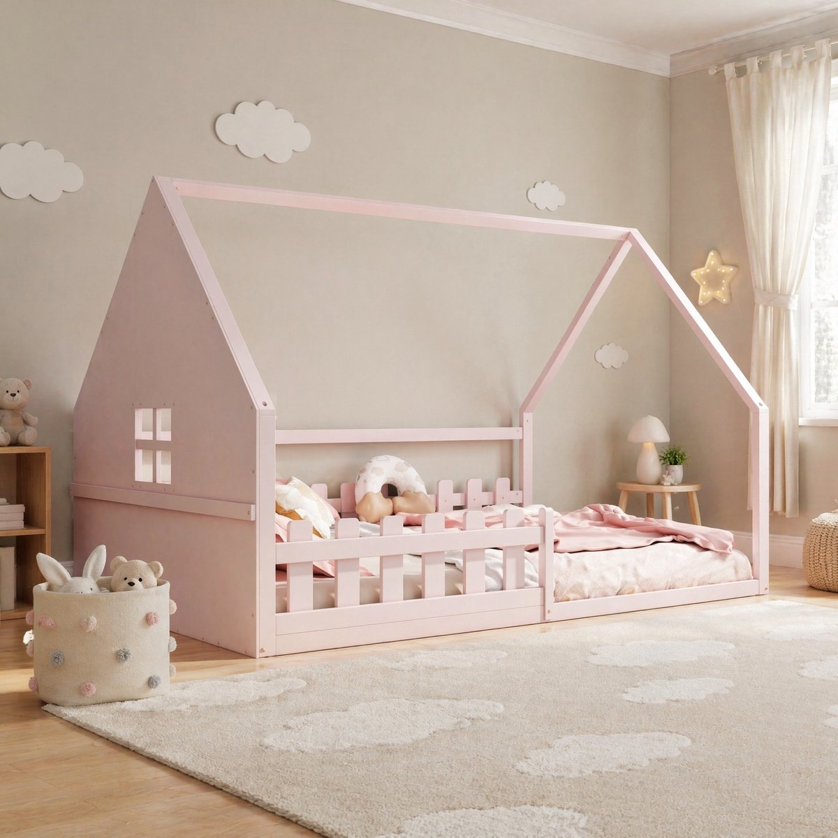 WUVRIE Huisbed 140x200 cm met uitvalbeveiliging en lattenbodem, roze kinderbed