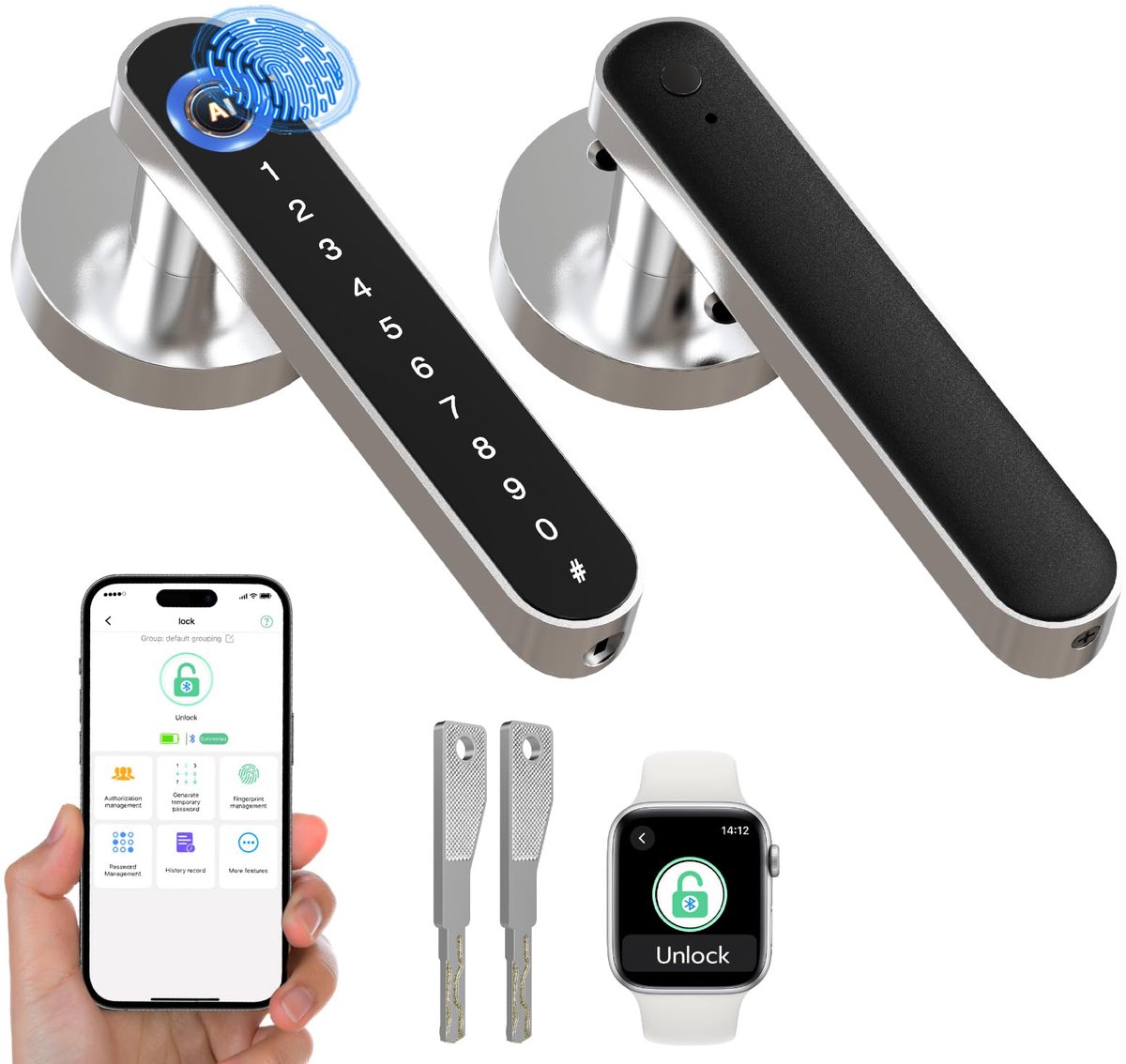 Anweller 5-in-1 slim deurslot, vingerafdrukdeurslot met code, app, sleutelloze ingang, slim slot met deurgreep voor - ShopVlot