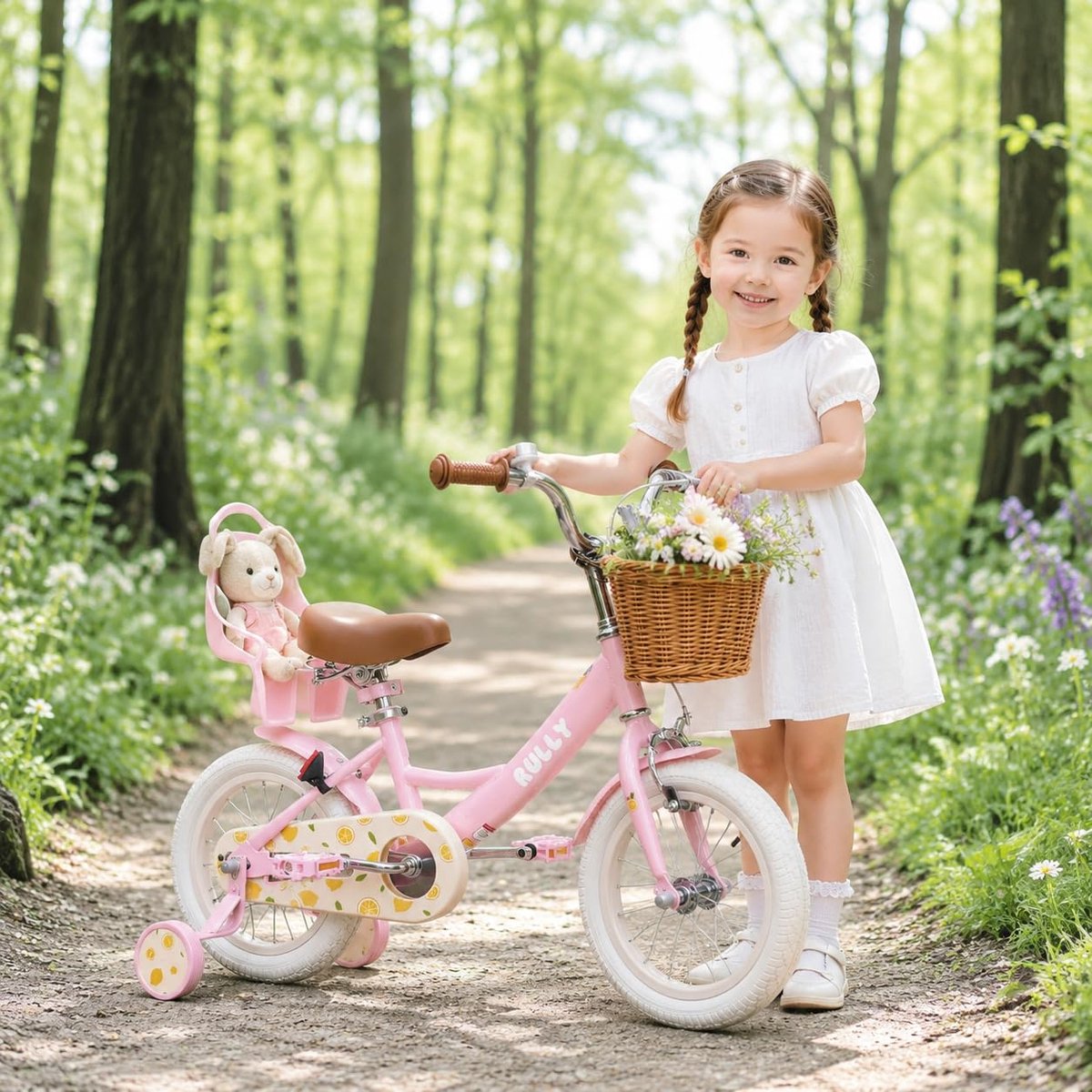 Kinderfiets 12 inch - Roze meisjesfiets met steunwielen - Inclusief mand en poppenzitje - Voor meisjes van 2-4 jaar - ShopVlot