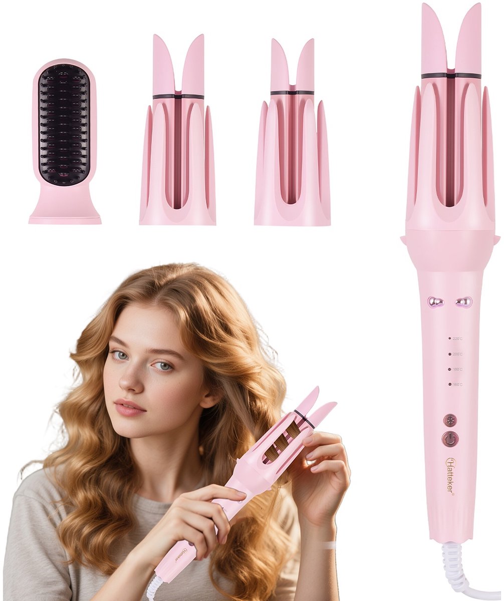 HATTEKER 3-in-1 Stylingapparaat - Automatische Krultang - 32 mm & 38 mm - Stijlborstel - 160-220 °C - Roze