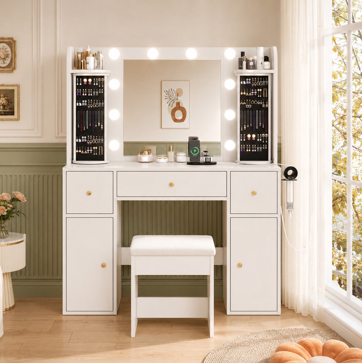 MIVRAY Kaptafel - Dimbare Ledverlichting En Draaibare Sieradenopberger - Voor Slaapkamer En Kleedkamer - Spaanplaat Wit - 115x40x142 Cm