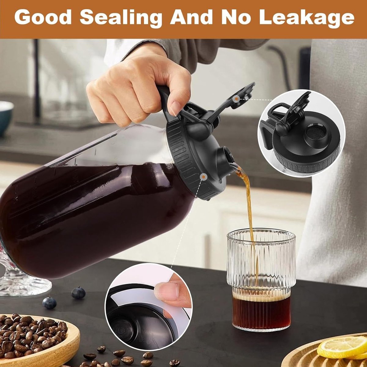 Cold Brew Koffiezetapparaat, 1000 ml / 2000 ml kan met brede mond en roestvrijstalen filter, dik glas - ShopVlot