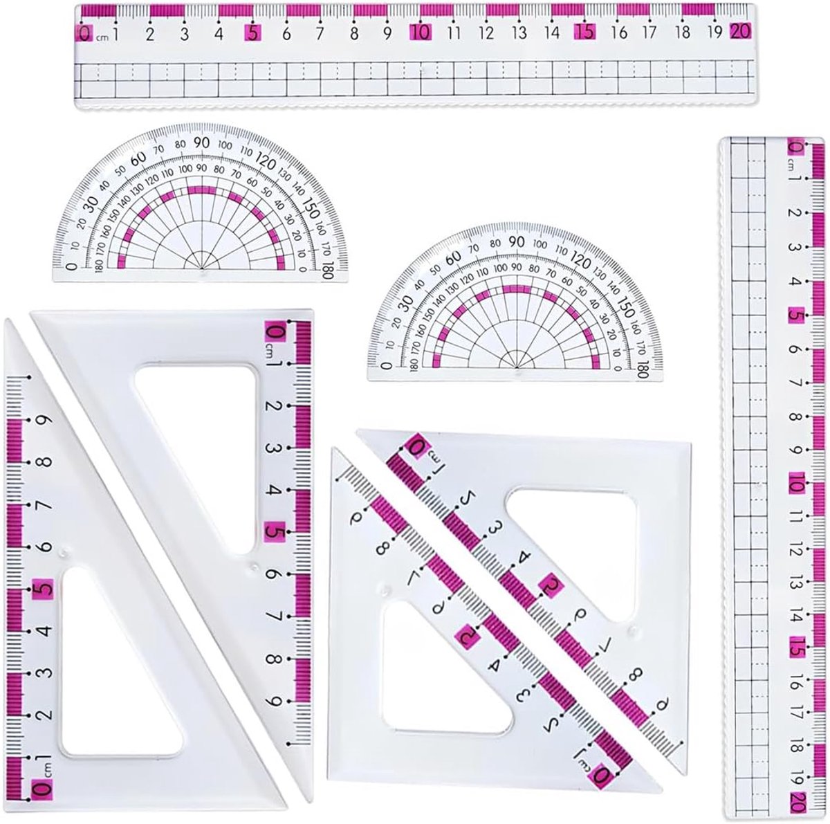Geodriehoekset, 8-delig, transparant rood, gradenboog, driehoekige liniaal voor architecten, studenten, technisch - ShopVlot