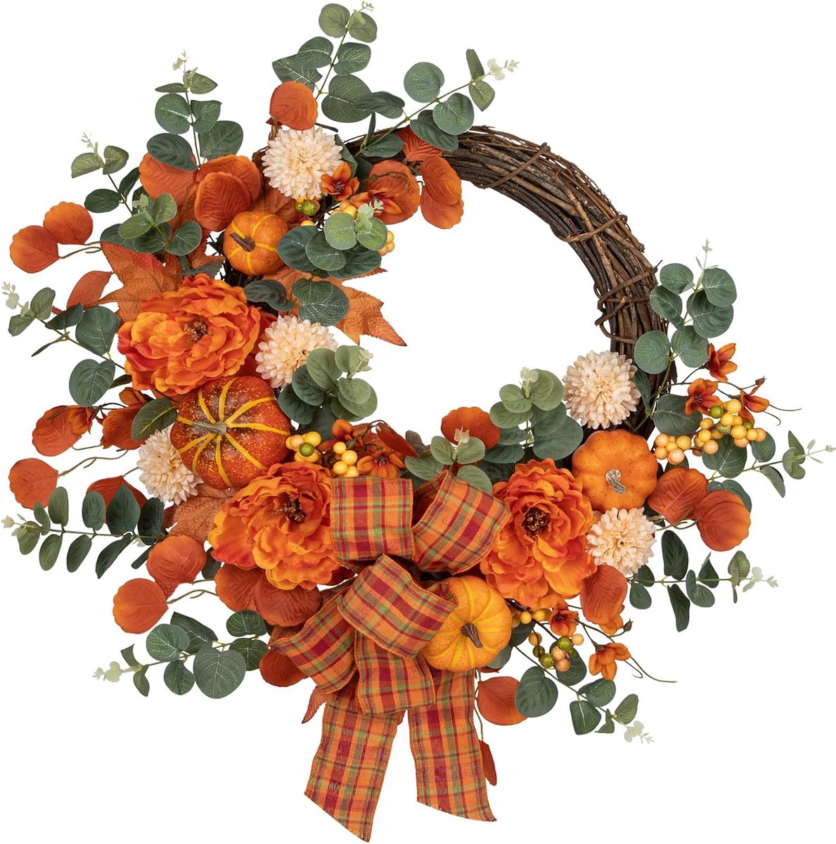 Oairse 60cm Artificial Fall Wreath Front Door Fall Wreath Pumpkin Peony Eucalyptus Chrysanthemum and Ribbon for - ShopVlot