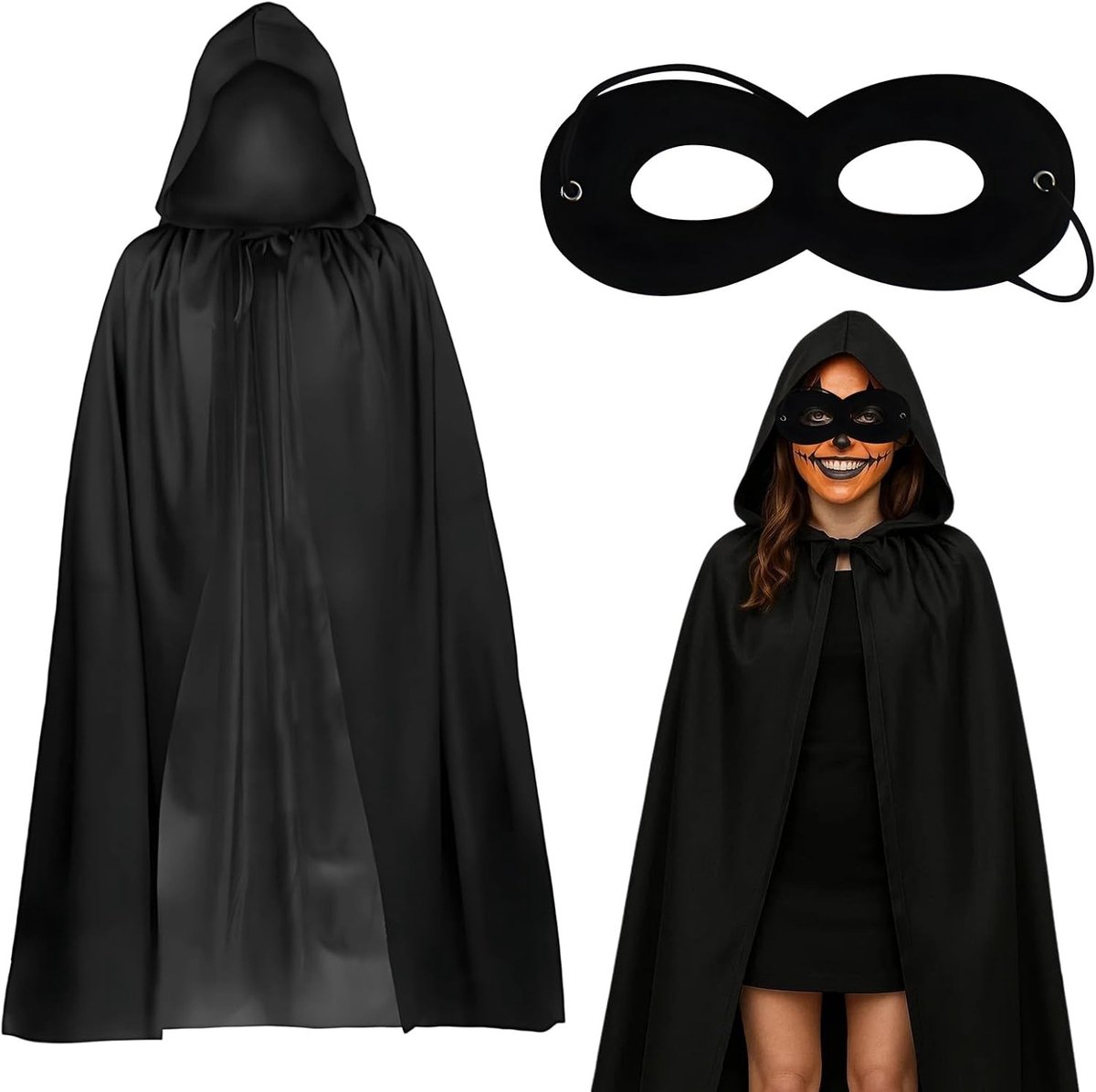 Stylish Zwarte Cape met Kap – Multifunctioneel en Geschikt voor Halloween, Feesten en Themapartijen – 90 cm Lang – Unisex Kostuum Accessoire