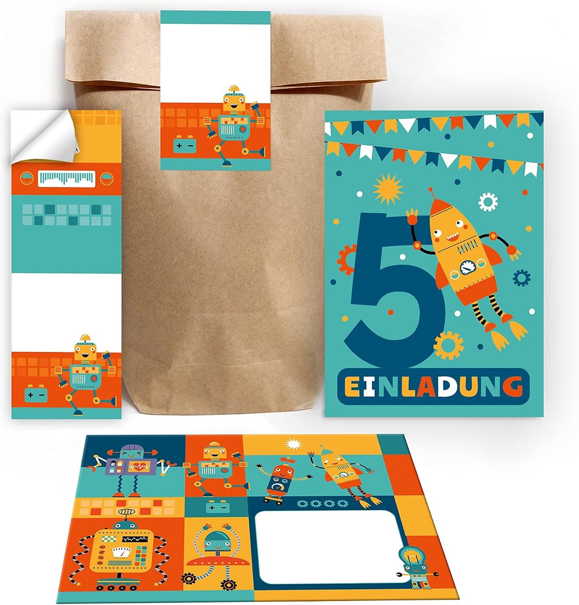Uitnodigingskaarten 5e verjaardag jongen - Robot ontwerp - Inclusief enveloppen en stickers - Perfect voor feest - ShopVlot