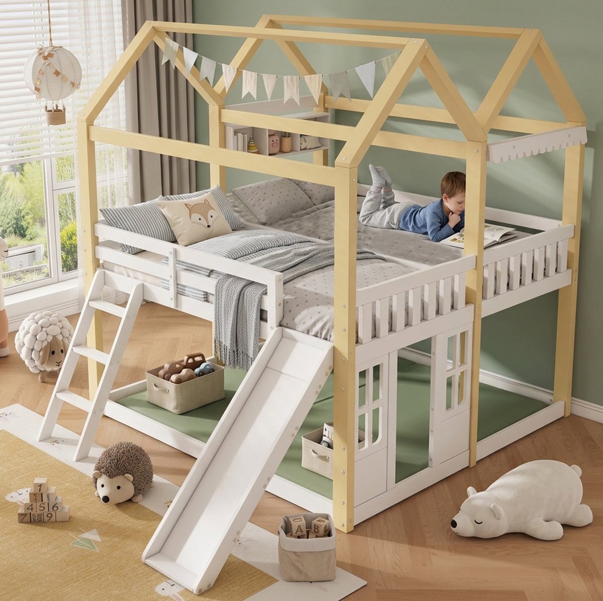 STILVORA Halfhoogslaper 90x200 cm – Bed Met Glijbaan En Ladder – Links Of Rechts Monteerbaar – Huisbed – Hout – Zonder Matras – Wit En Naturel
