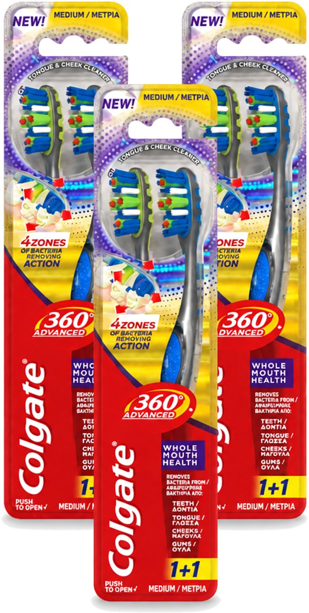 3 x Colgate - 360° Geavanceerd - Tandenborstel - Medium - 2 Tandenborstels - Voordeelverpakking - 3 stuks