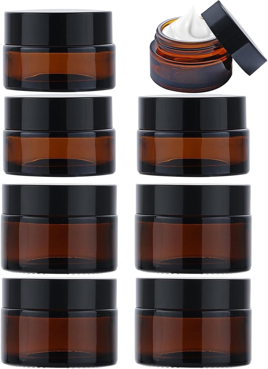 Set van 8 lege amber glazen potjes van 20ml en 30ml met deksels voor cosmetica, crèmes en lotions, ideaal voor opslag en reizen
